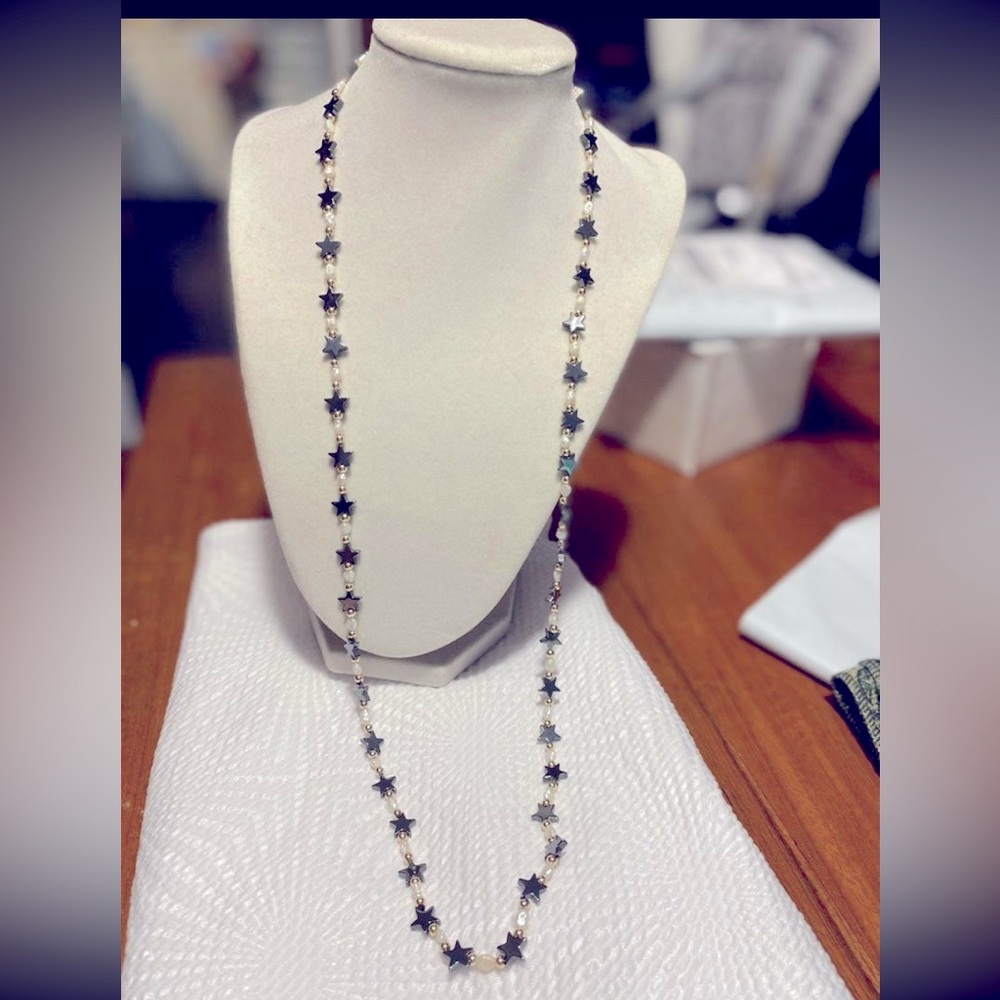 Vintage Hematite Stars and freshwater pearls necklace.